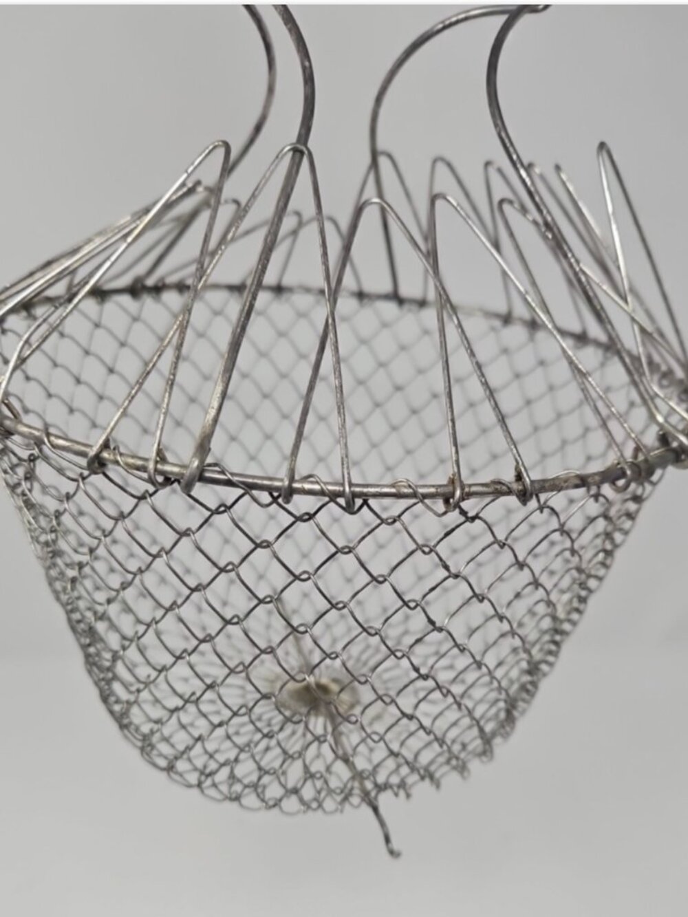 Antique French Metal Mesh Wire Primitive Farmhouse Egg Basket Collapsible France